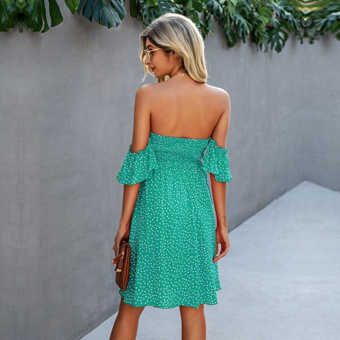 Sexy Drawstring Strapless Dress For Women 2021 New Casual Ruffles Polka Dot Beach Style Off The Shoulder Summer Dress