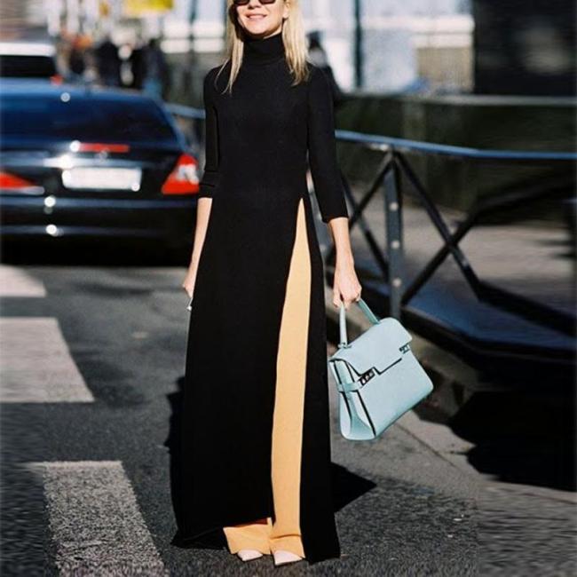 Fashion Pure Color Open Long Sleeves Maxi Dress
