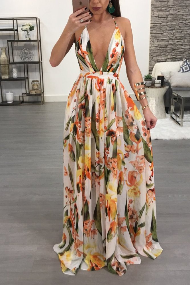 Print Floral Loose Boho Deep V Neck Backless Long Women Dress 2018 Maxi Dresses Vestidos Sexy Back Cross Beach Summer Dress