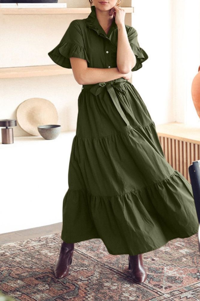 Shirt Dress Women French Ruffled Short Sleeves High Waist Turn-down Collar Ankle-Length A-LINE Big Swing Maxi Dress