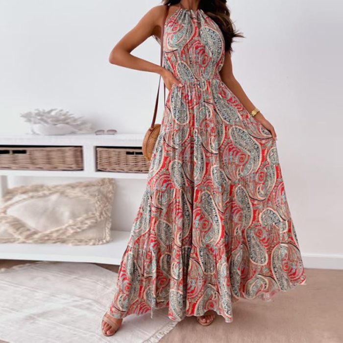 New Sexy Halter Backless Long Party Dress Women Casual Pattern Print Vintage Dress Sping Summer Off Shoulder Ruffle Maxi Dresses