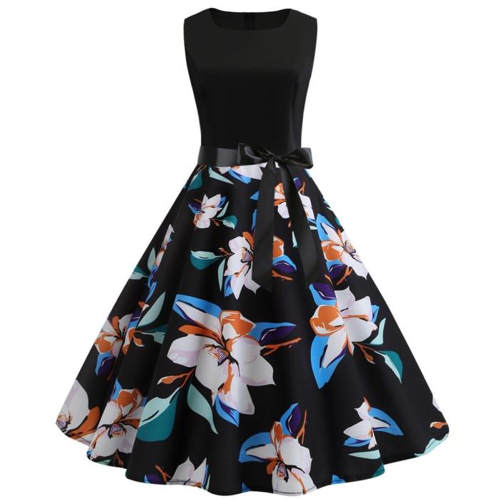 Women 1950s Sleeveless Dresses Retro Polka Dot Floral Music Print A-line Swing Dress