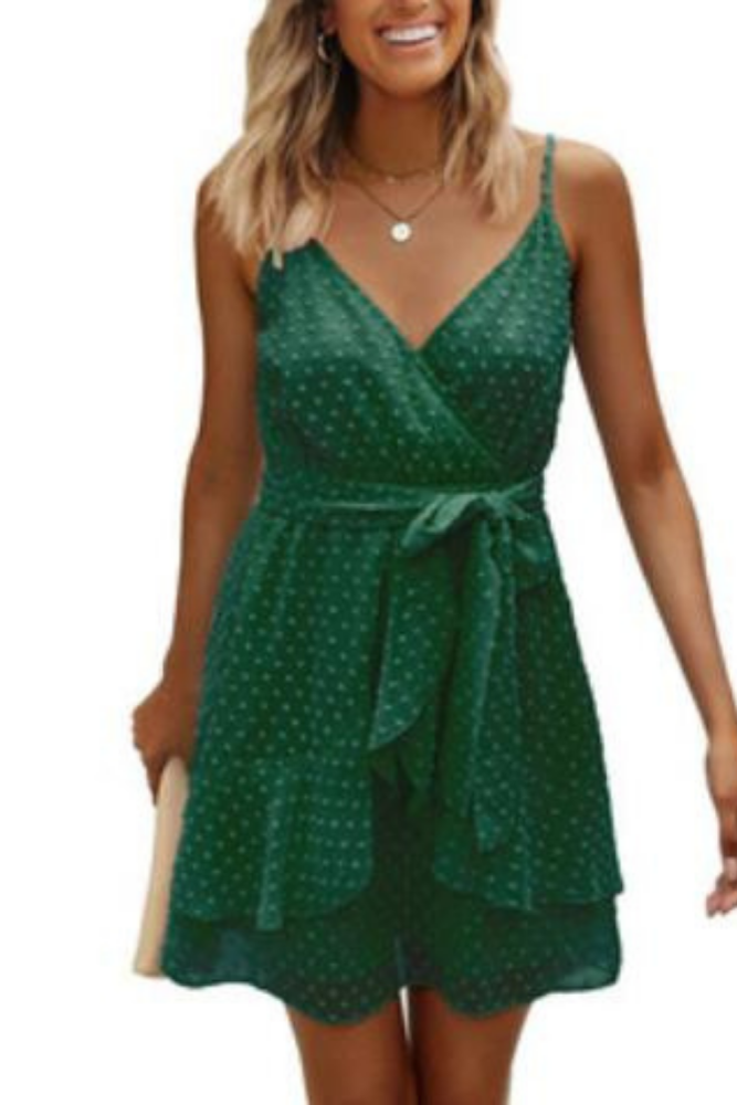2021 Brand Summer Polka Dot Beach Mini Dress Women Fashion V Neck Elegant Lady Party Dress Spaghetti Strap Belt Sundress Vestido