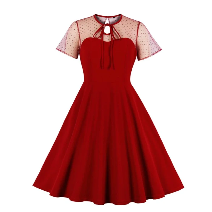 Halloween Dress Solid Black Red Blue Polka Dot Mesh Sexy Dresses Women Vintage A line Back Zip Up Dress Summer Maxi vestidos