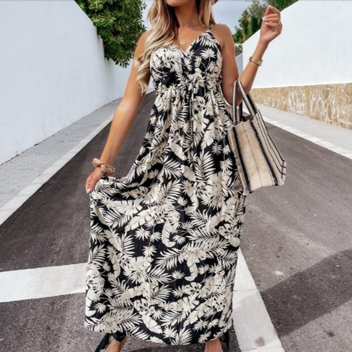 Summer Ladies Elegant Sleeveless Long Dress Sling Coconut Leaf Print Bohemian Style Dress Streetwear