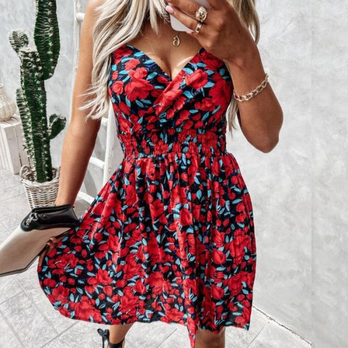 Holiday Vintage Dress 2021 summer new sexy floral V-neck sling waist dress Spaghetti Strap beach mini dresses for women vestidos