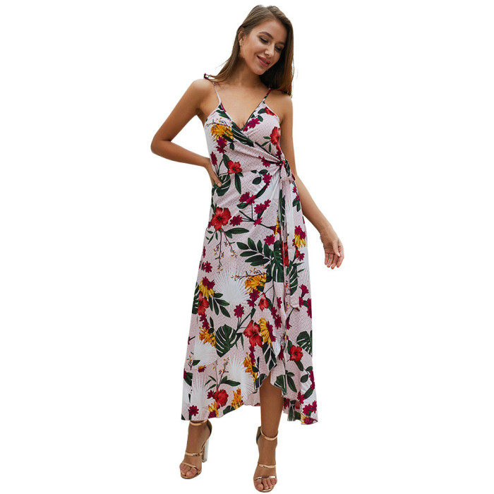 Summer Long Floral Print Dress V-neck Sleeveless Women Casual Beachwear Girls Suspenders Ethnic Strap Holiday Dresses