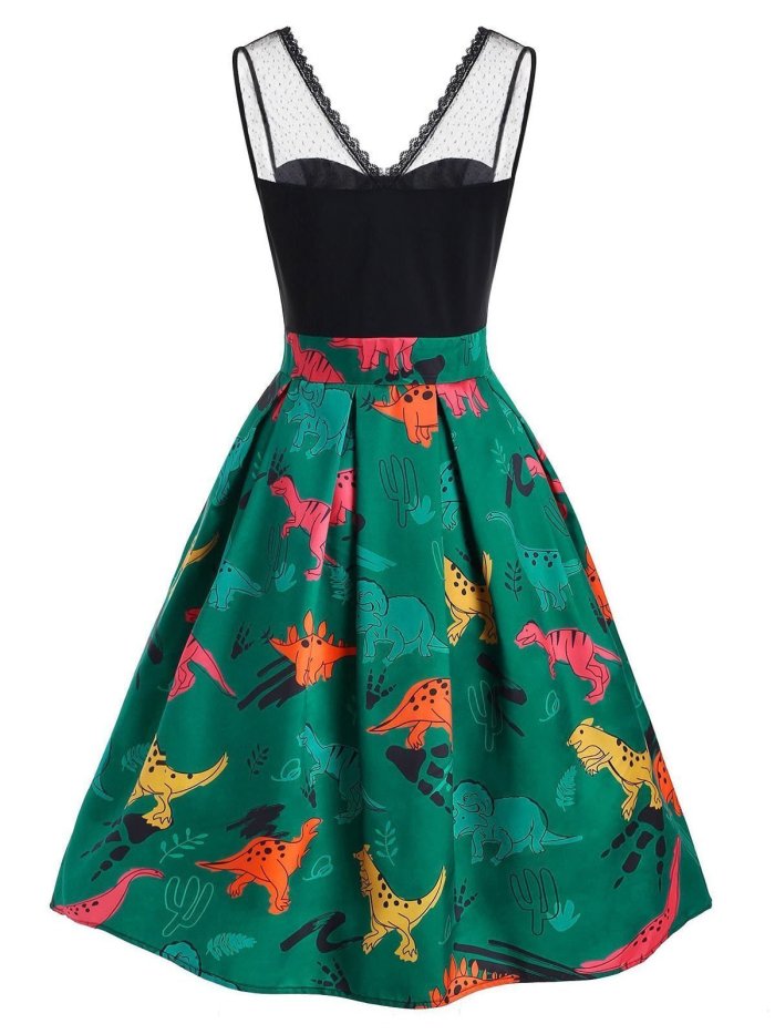 1950s Dinosaur Mesh Patchwork Dress
