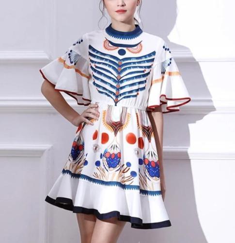 Short Sleeve Boho Printing Ruffled Mini Dress