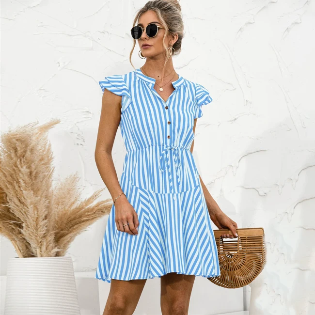Summer Office Lady Mini Dress Fashion Striped Print Short Sleeve Casual Short Nice Shirt Dresses Women Clothes Blue Elegant 2021