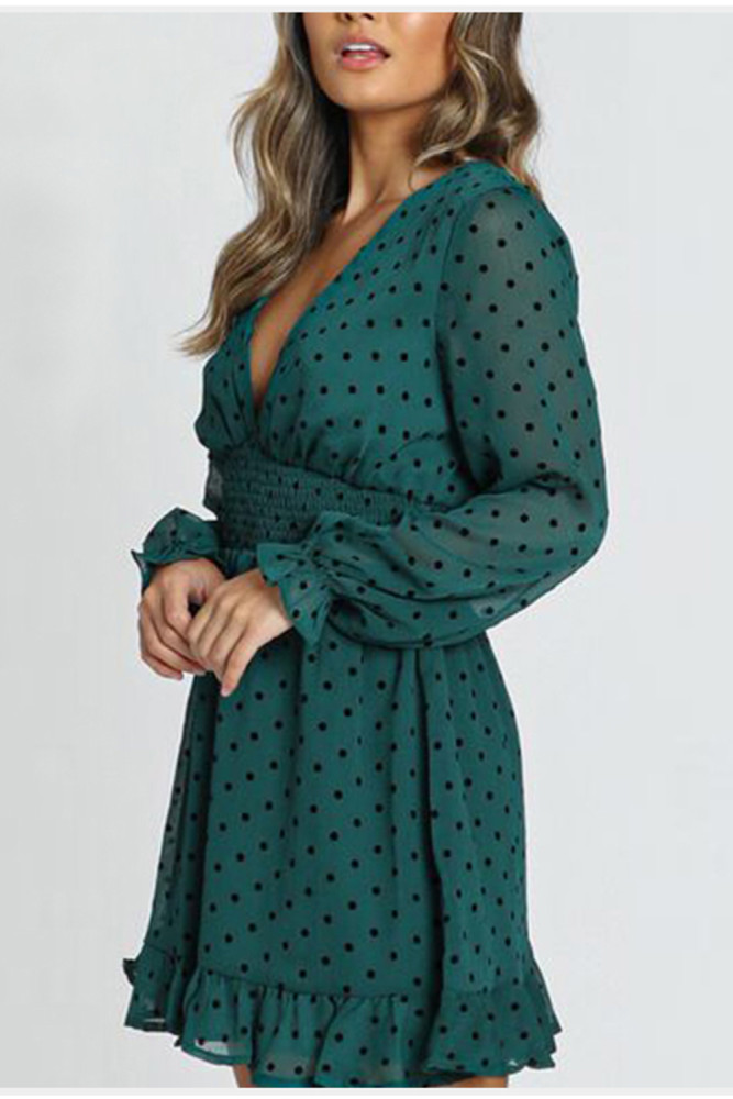 Polka Dot Long Sleeve Dress Emerald Chiffon Dress