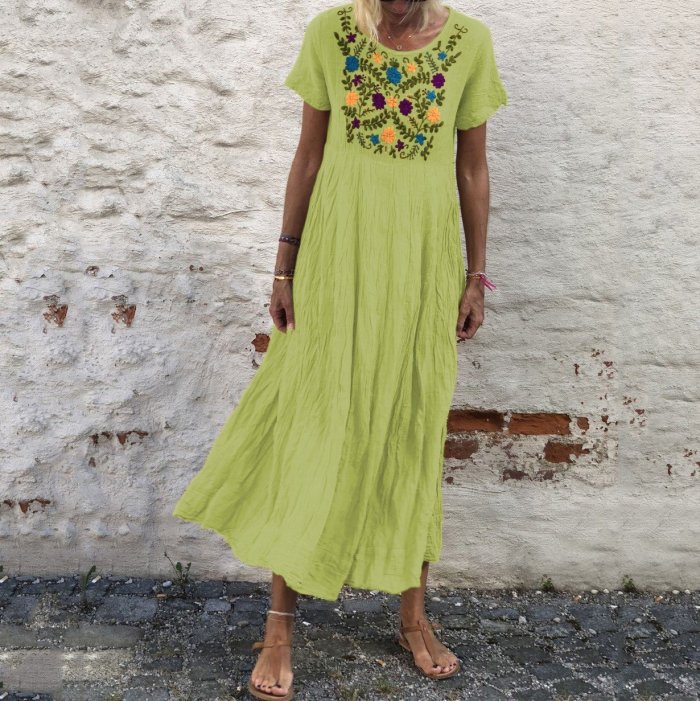 Summer Vintage Short Sleeve Round Neck Embroidered Casual Maxi Dress