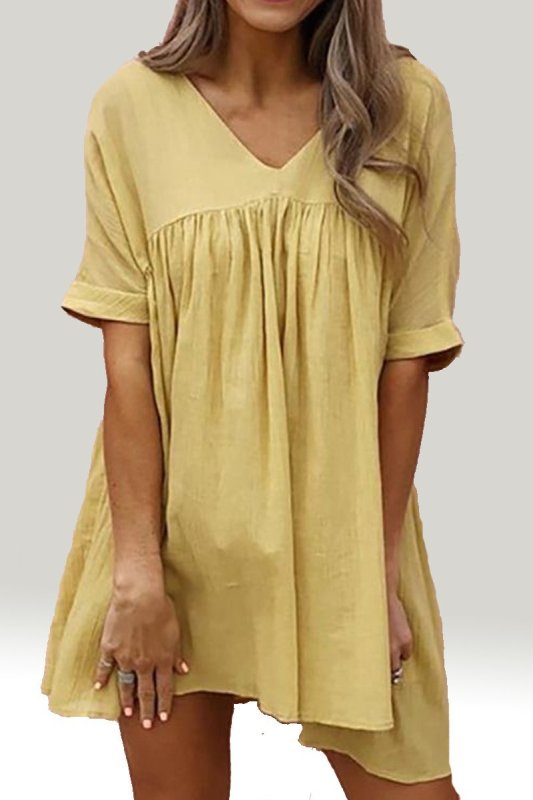 Summer Fashion V-Neck Creased Loose Waist Dress