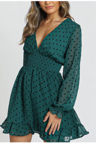 Polka Dot Long Sleeve Dress Emerald Chiffon Dress