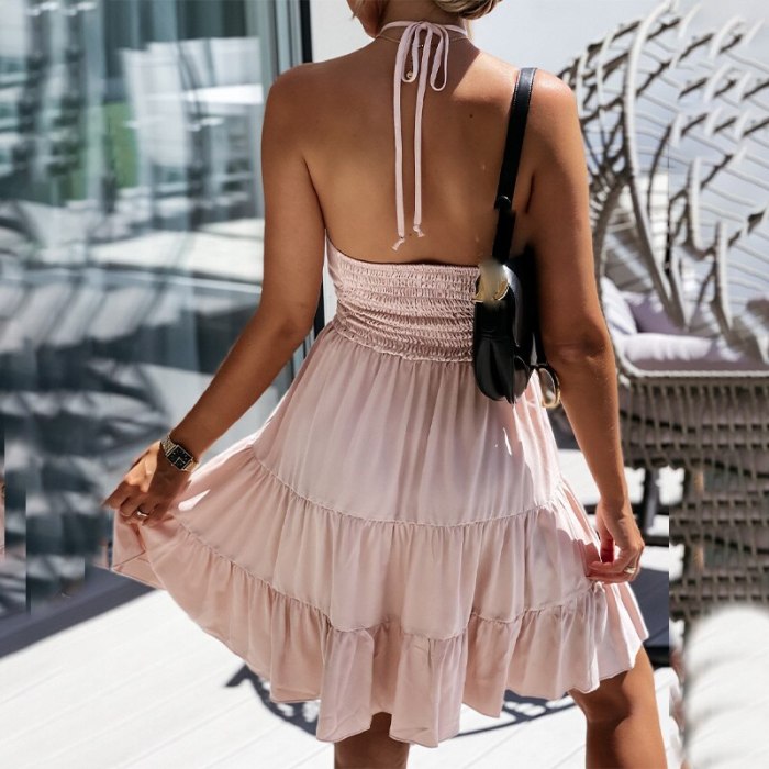 Women Summer Knee-length Dress Ruffle Backless Sexy Evening Party Halter Lace Up Dresses New Fashion Femme Sweet Casual Vestidos