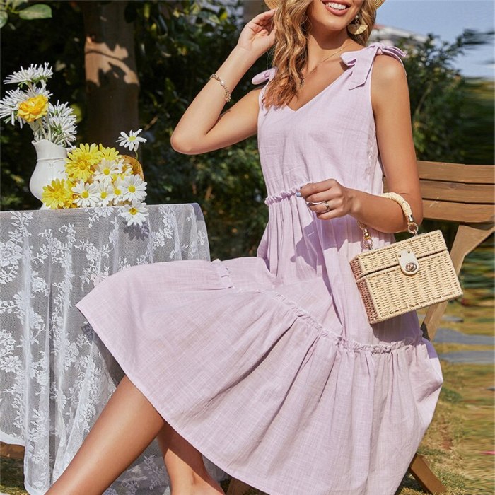Summer 2021 Casual Sweet Women Dress New Elegant Bow Ruffles Sleeveless V-neck Midi Dress