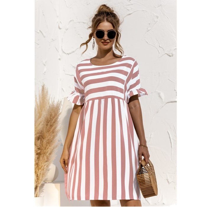 2021 Summer New Fashion O Neck Women's Dress Casual Loose Solid Short Sleeve Ruffle Patchwork Pocket Ladies Stripe Dress