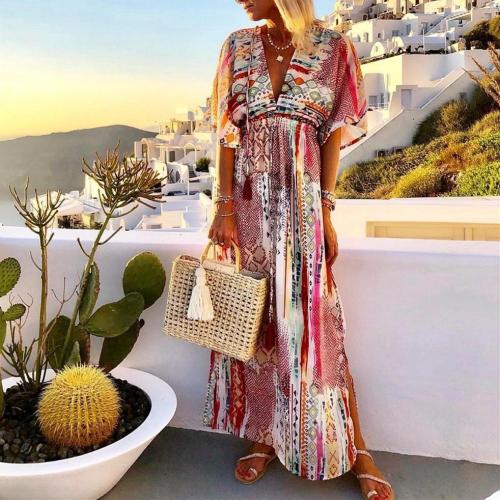 V-Neck Colorful Print Maxi Dress