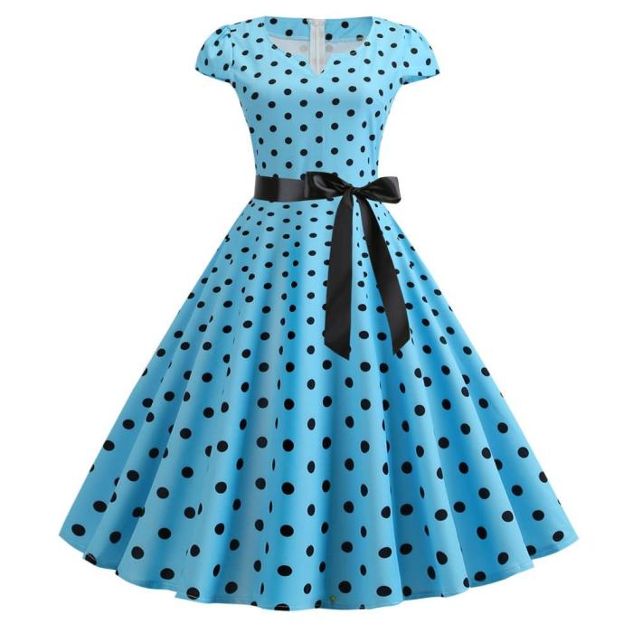 Women Retro Vintage Dot Dress Blue 50s 60s Rockabilly Swing Robe Pin Up Summer Party Dresses Elegant Tunic 2020 Vestidos Casual