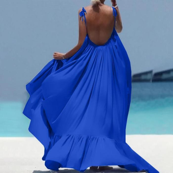 Elegant Spaghetti Strap Flowing Plain Maxi Dress