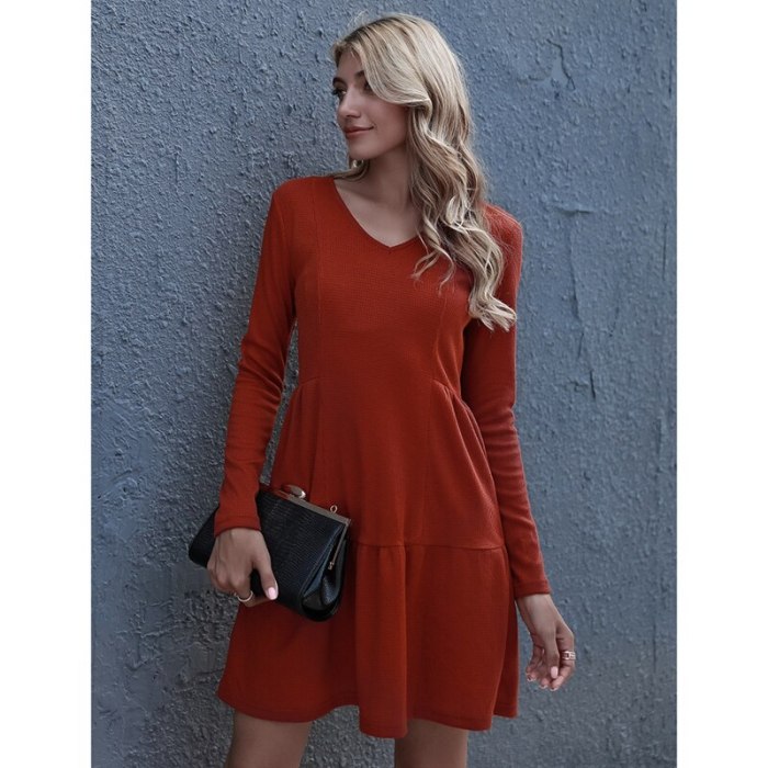 Women's Solid Color Loose V-Neck Long Sleeve Dress Brown