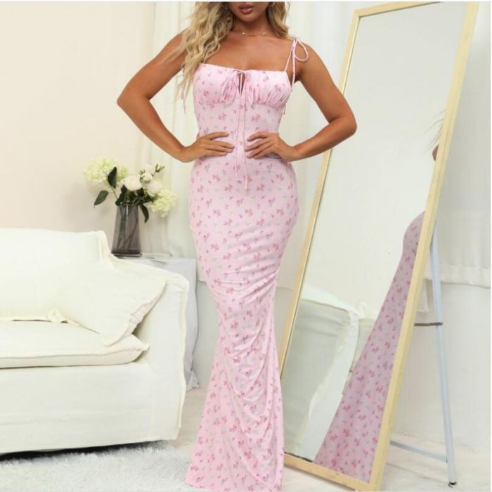 New Fashion Bodycon Printted Hollow Out Strap Long Dress Elegant Sleeveless Backless Beach Party Summer Women's Clothing