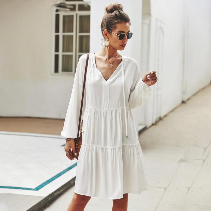 Dress Women Casual Loose Ruched Clothes Knees Ladies Bow Tie White Everyday Free People Dresses For Summer Spring 2021 Fashion