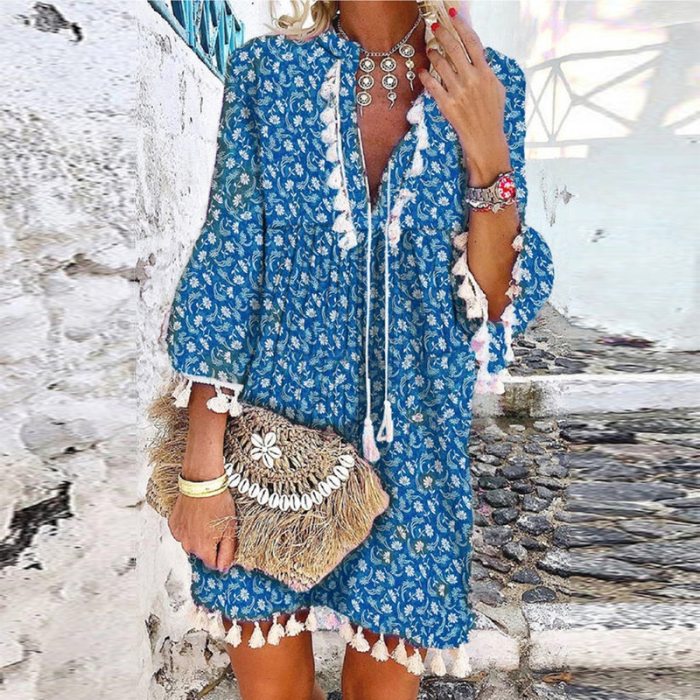 Vintage Women Floral Print A-Line Party Dress Spring Autumn V Neck Lace Up Tassel Mini Dress Elegant Long Sleeve Ladies Dresses