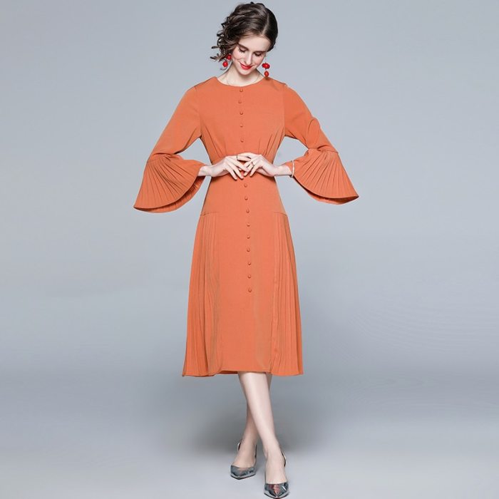 Elegant Flare Sleeve Party Dress Vintage Midi Pleated Dress