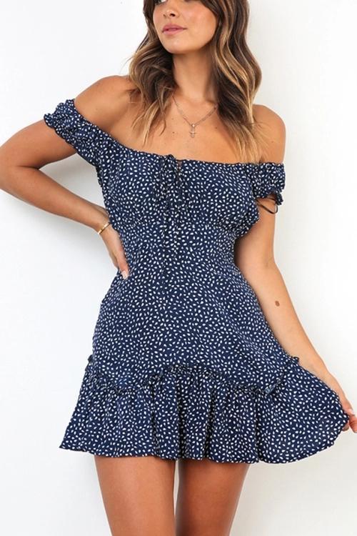 Summer Off Shoulder Polka Dot Printed Falbala Dress