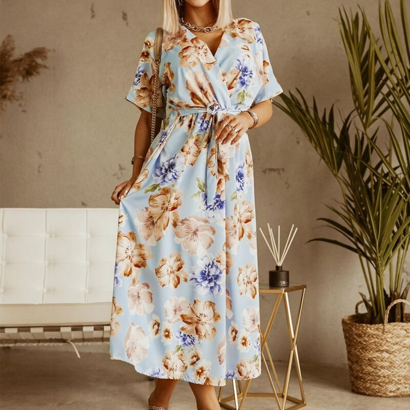 Summer Boho Vintage Floral Print Beach Dress Elegant Bandage Belted Short Sleeve Dresses Women Sexy Wrap V Neck Long Party Dress