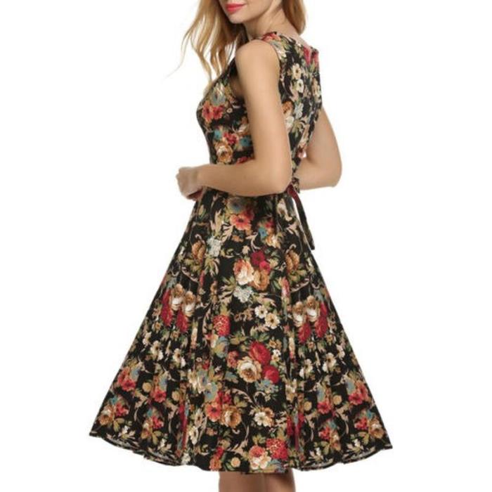 Womens Floral Sleeveless Skater Midi Dress Rockabilly Evening Party Flared Dresses