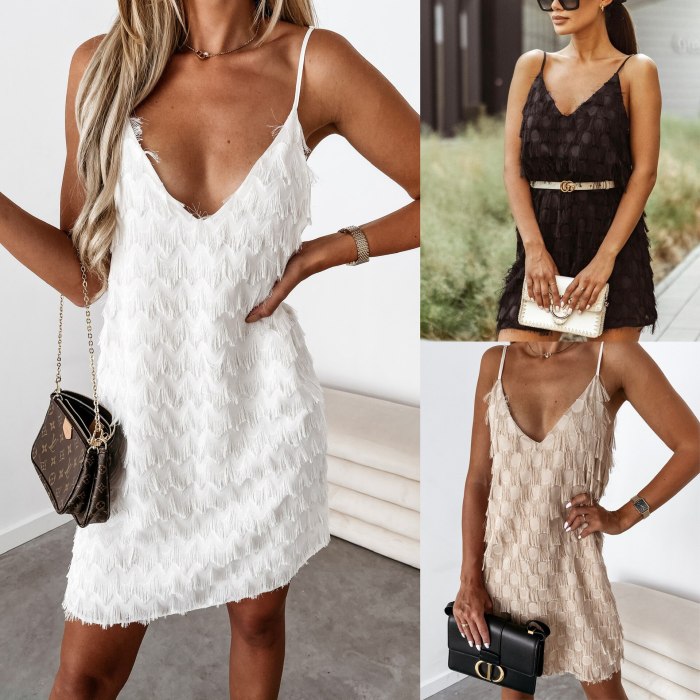 Women Mini Dress Solid Sleeveless Strap V Neck Tassel Loose Dresses Sexy Fashion Outfits Summer 2021
