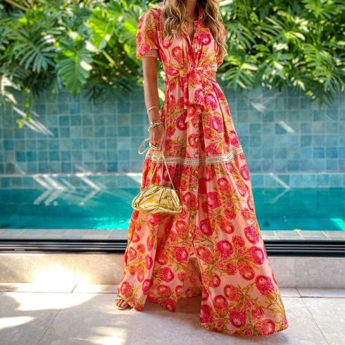 2021 Women Short Puff Sleeve Floral Print Slim Waist Long Maxi Dress Fashion Bohemian Dress Elegant Dress
