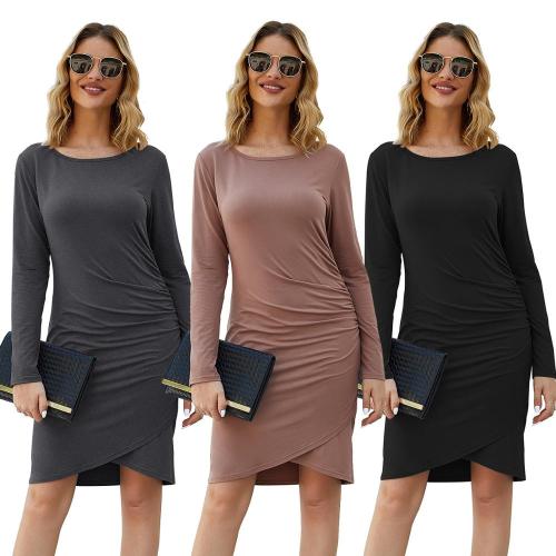 European and American spring and autumn high-quality women's satin luxury fashion sexy bag hip Slim irregular long-sleeved dress