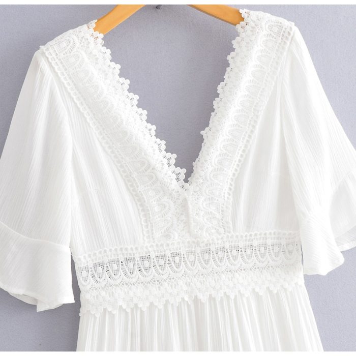 Casual Cotton Stitching Embroidery Maxi Dress Bohemian White Summer Short Sleeve Women Beach Dress Sexy V-neck Vestidos