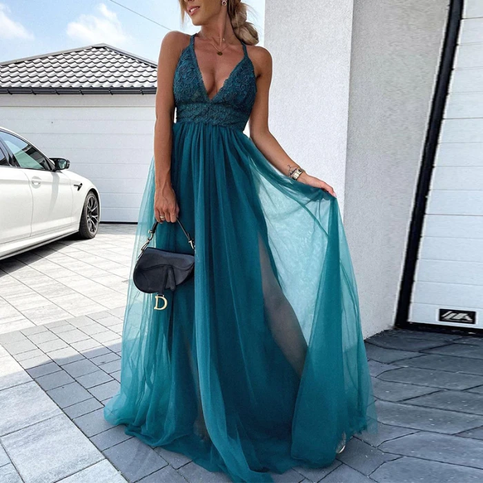 Sexy Summer Deep V Neck Solid Embroidery Wrap Party Dress Elegant Off Shoulder Sleeveless Long Dress Women Mesh Lace Maxi Dress