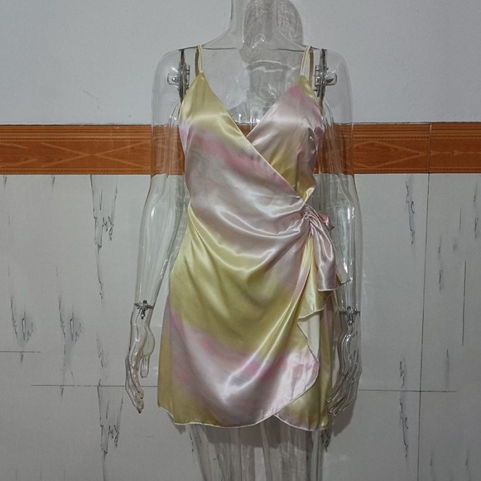 Fashion Spaghetti Strape Sexy Beach Dress Lace Up Sleeveless Backless Summer Tie Dye Mini Dresses For Women 2021 Vestido
