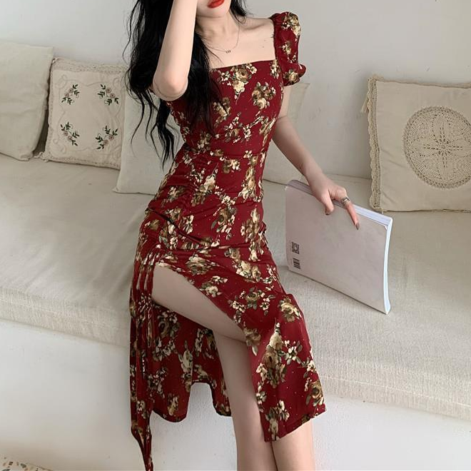 Elegant Floral Dress Women Short Sleeve Midi Vintage Dress Square Collar French Retro Sexy Party Dress 2021 Summer Korean Style