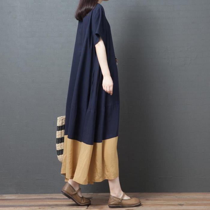 Casual Loose Color Block Short Sleeve Maxi Dress