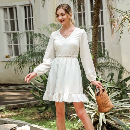 Summer 2021 New Fashion Chic Ladies White Party Dress High Waist V Neck Long Lanern Sleeve Women's Casual Dress