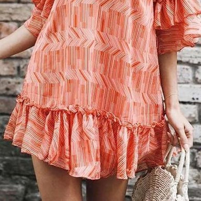 Ruffled Stitching Printed Chiffon Mini Dress