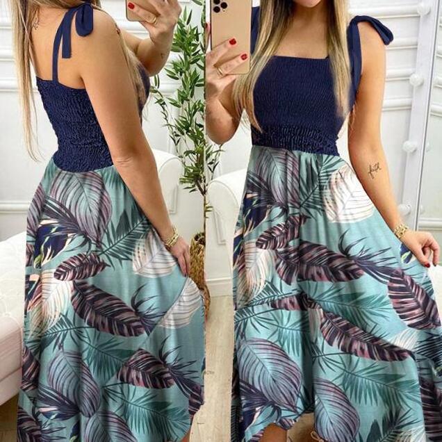 New Style Sling Stitching Printing Irregular Tube Top Dress Sexy Sleeveless Floral Print Big Swing Maxi Dresses For Women 2021