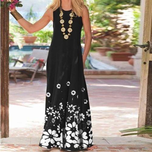 Elegant Round Neck Sleeveless Printed Vacation Dress