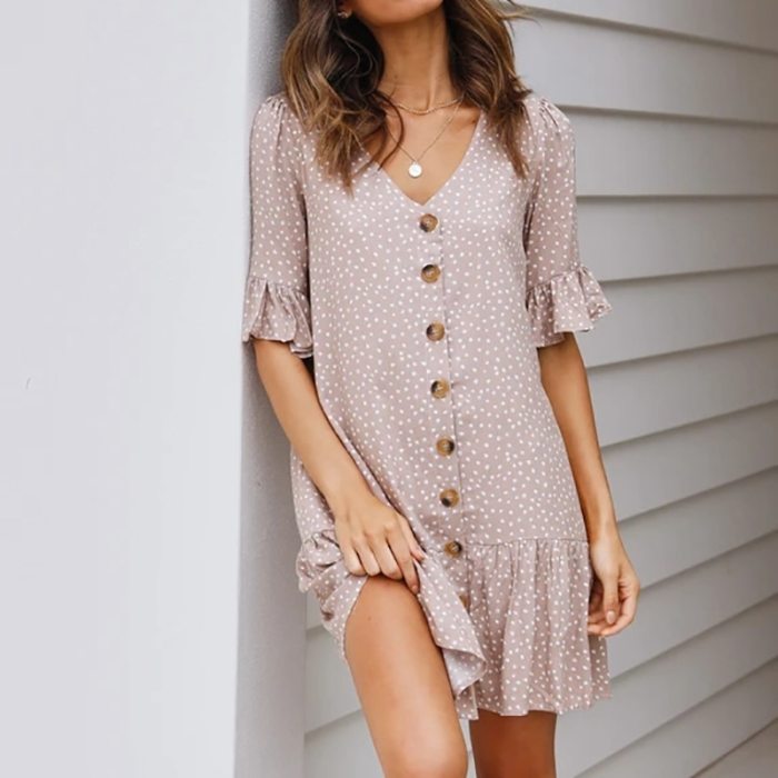 Casual V Neck With Button Polka Dot Summer Dress Short Sleeve Ruffled Loose White Vintage Mini Dress