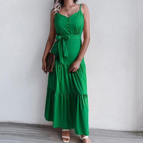 Holiday boho Dress summer new women's personalized button V-neck stitching suspender dress 2021 maxi dresses for women vestido