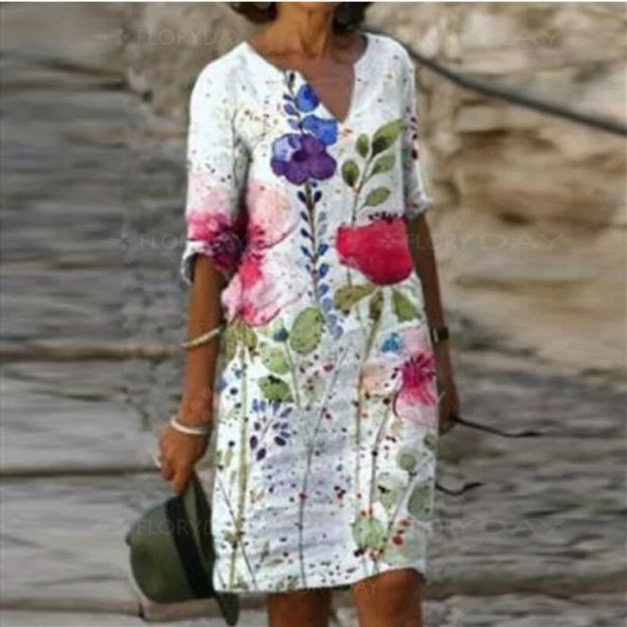Summer Women Fashion Floral Print Loose Plus Size V-neck Casual Midi Dress