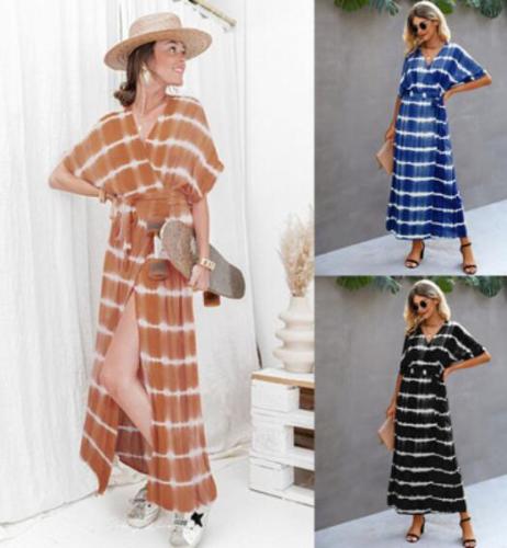 2021 Elegant Summer Tie dye Printing V Neck Party Dress Women Short Sleeve Dresses Vintage A-Line Ladies Lace Up Maxi Vestidos
