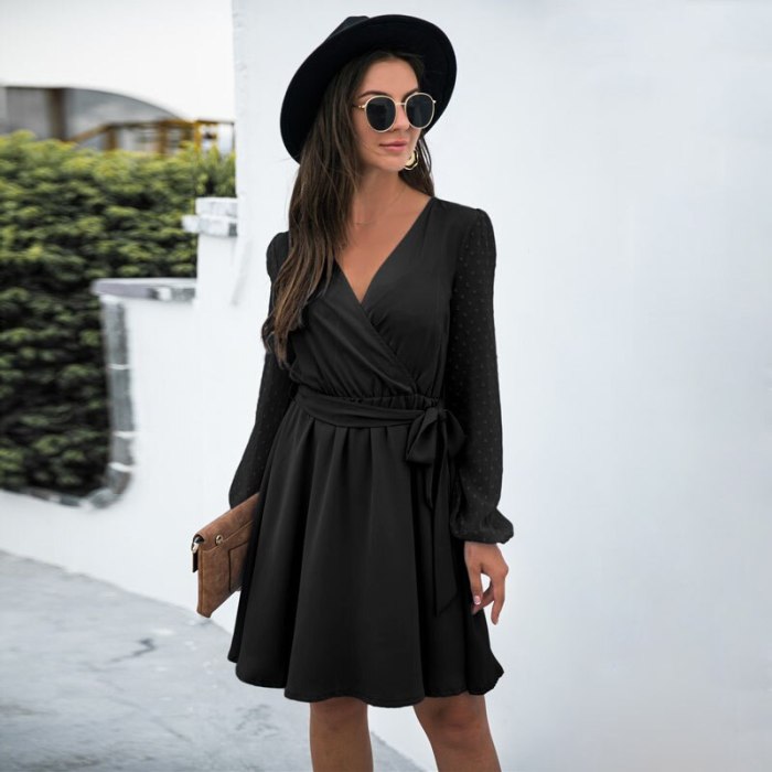 Long Sleeve Dress Autumn Clothes Women 2021 Solid Color V-Neck A-Line Elegant Ladies Casual Party Pleated Dresses Vestidos Mujer