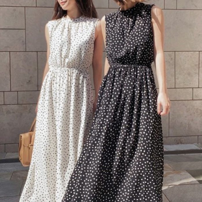 Women Fashion Dress Vintage Long Skirt Polks Dots Print Summer Sleeveless Chic Maxi Dress Casual Round Neck Ladies Pullover